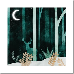 Deer under the Moonlight, Negative Painting of the Forest in the moonlight. Posters and Art